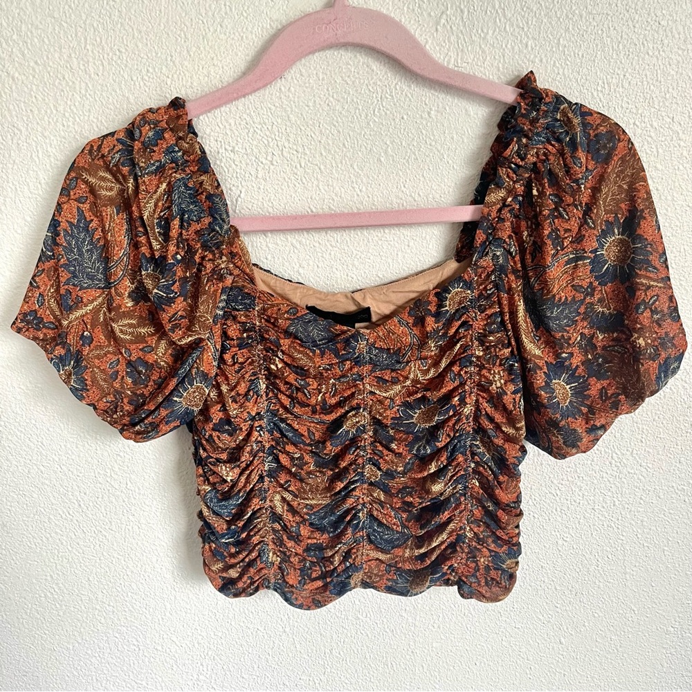 House of Harlow 1960 Floral Ruched Top in Orange and Blue
